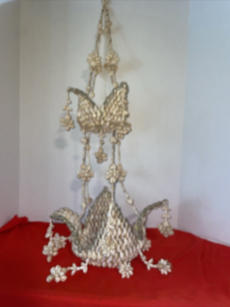 Vintage Puka Sea Shell Hanging Basket Plant Holder Hanger Tiered Boho 35”Long