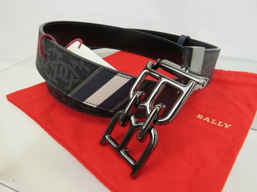 BALLY B CHAIN BUCKLE ADJUSTABLE BLACK GRAY LOGO LEATHER WEB BELT 110 44 GIFT BOX - Picture 12 of 14
