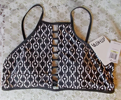 ATHENA HIGH NECK SPORT BRA Black & White Geometric Print Women's 38 B/C, NEW $64
