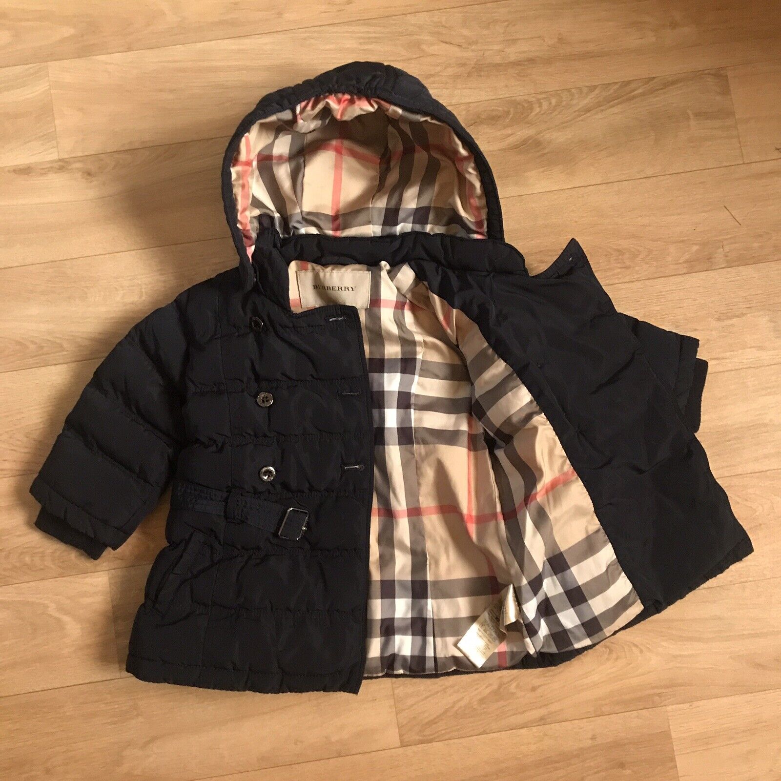 Burberry HOODED puffer Jacket nova check Girls Toddlers Kids blue navy sz 1Y | eBay