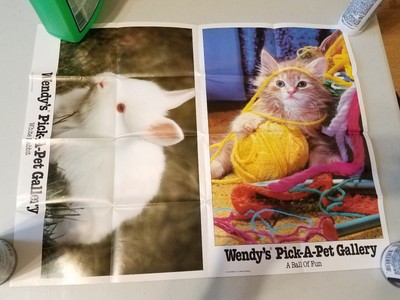 1987 Wendy's Pick-A-Pet Gallery White Rabbit & A Ball of Fun Cat Poster 17x22''