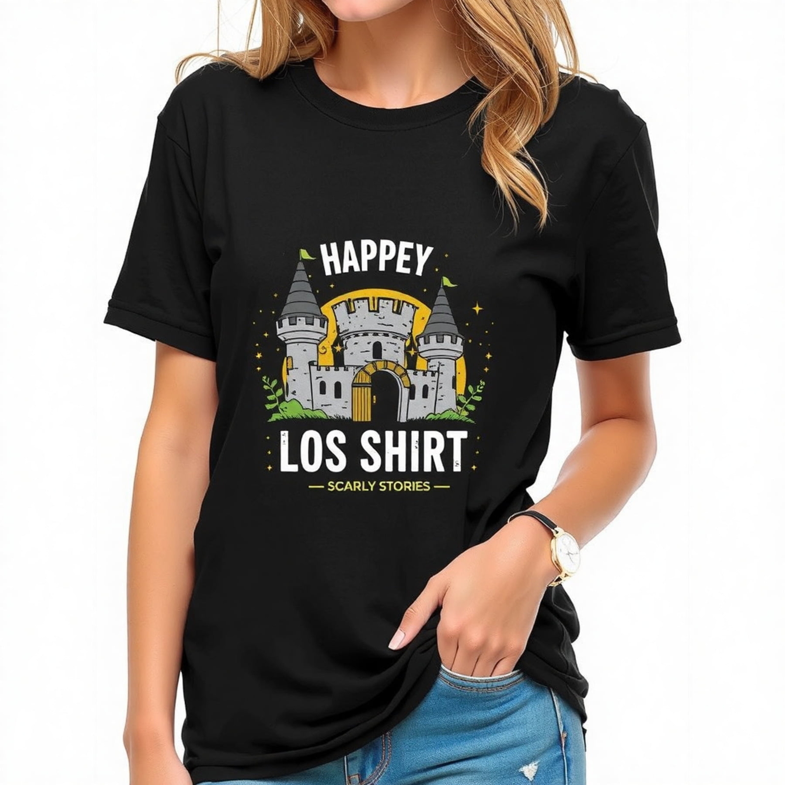 Happey Los Whimsical Cartoon Castle Graphic Tee for Fun Style