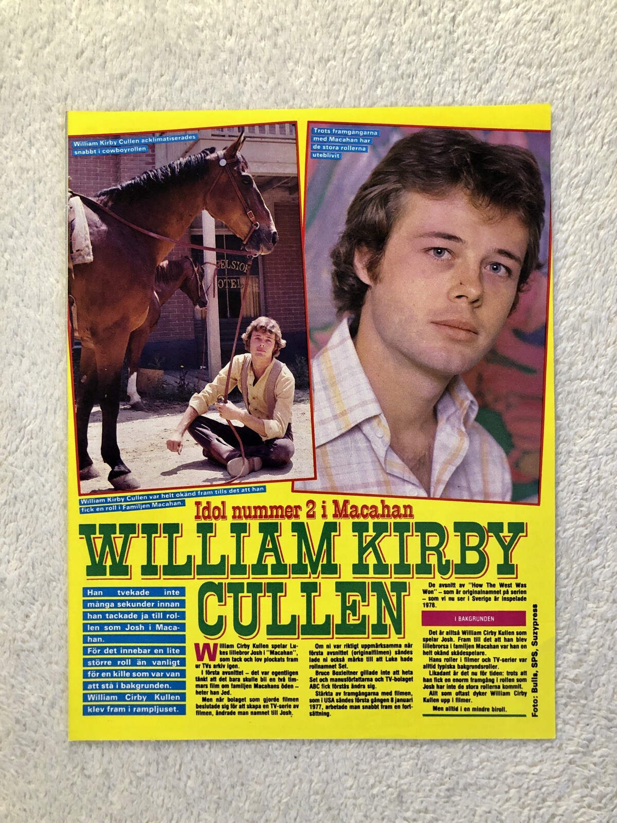 WILLIAM KIRBY CULLEN 1984 MACAHAN Clipping Poster Swedish magazine Okej ...