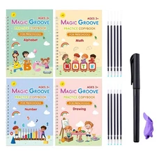 4 PC Reusable Grooved Writing Books for Kids Magic Copy Books Numbers, Letters