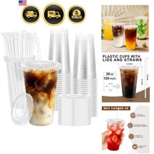 100 Pack 20 oz Clear Plastic Cups with Lids and Straws, Disposable Iced Coffe...