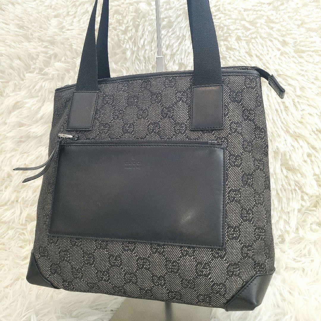 GUCCI GG Canvas Tote Bag Black Leather Unisex Authentic Fashion Bag