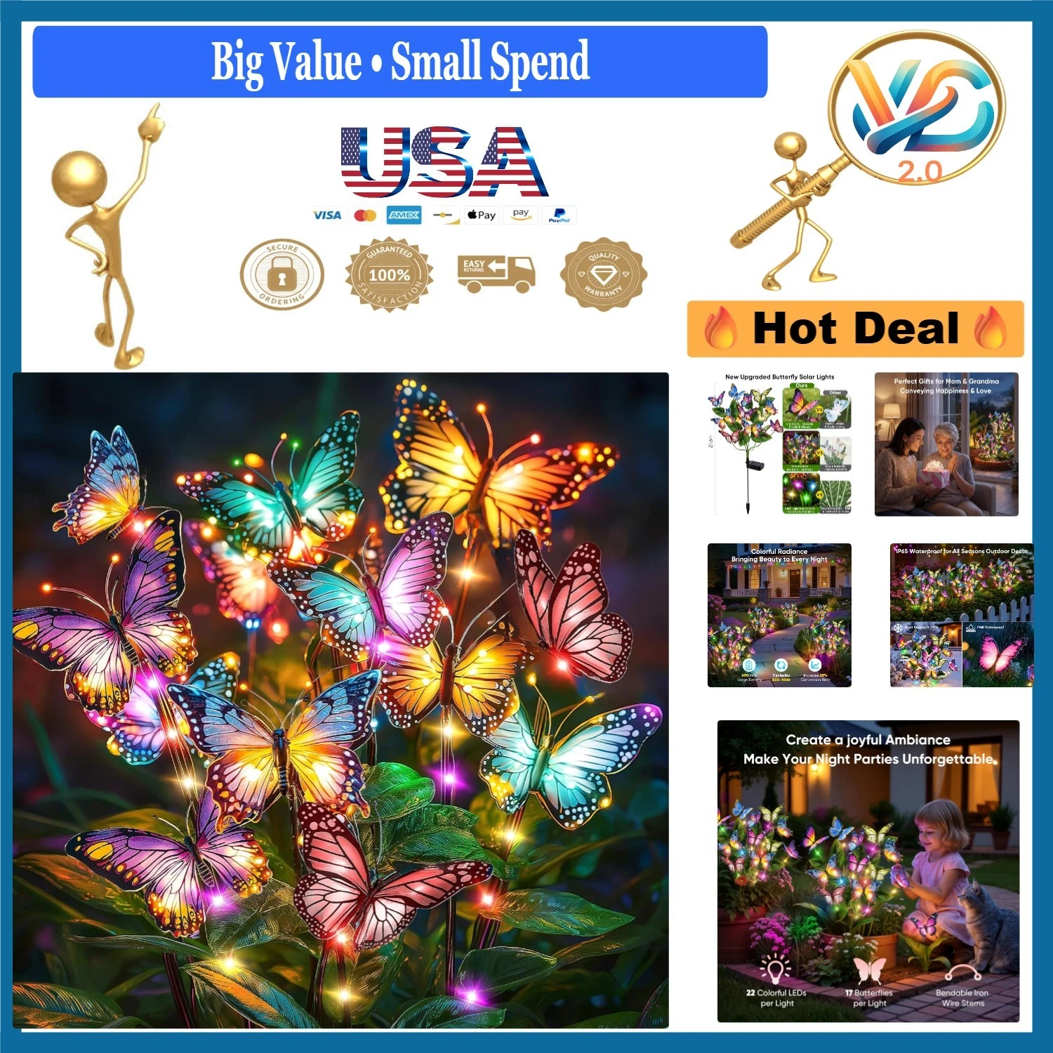 2 Pack Solar Butterfly Lights Outdoor Garden Decor 34 Color LEDs Waterproof