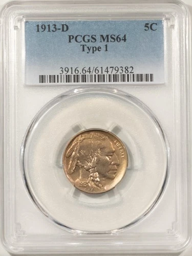 1913-D TYPE 1 BUFFALO NICKEL - PCGS MS-64, LUSTROUS! PREMIUM QUALITY!
