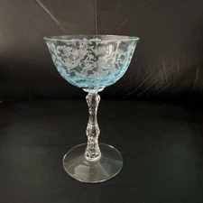 Fostoria Navarre Blue Crystal Champagne / Tall Sherbet Glass Etched 5 5/8” Tall