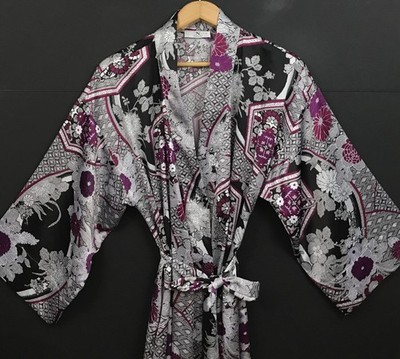 Natori Multicolor Floral Print Satin Kimono Robe Belted Size L