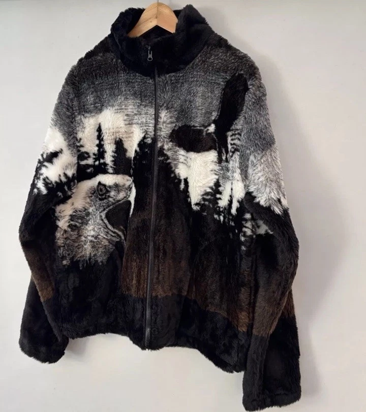 Eagle Forest Print Herren Damen Fell Fleece Jacke Größe Large Vintage 90er Unisex - Bild 2 von 4