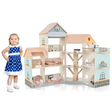Wooden Corner Dollhouse Playset with 41 Pieces of Furniture and Accessories