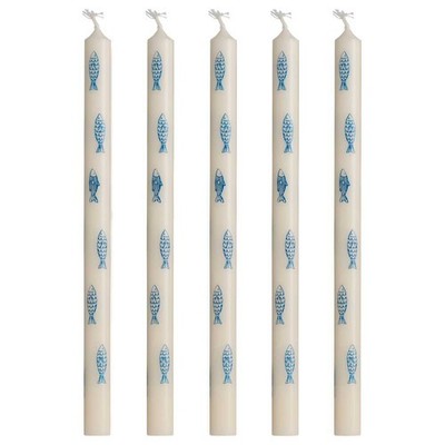 IB Laursen DÜNNE Kerze Weiß mit Blauen FISCHEN Ø 1,3 cm Länge 20 cm 5er Set