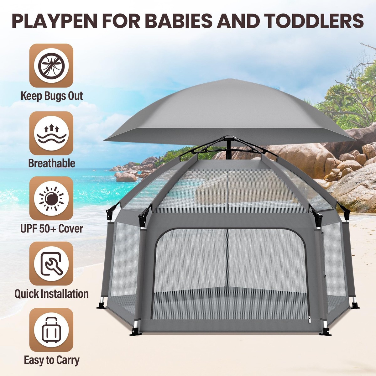 Portable Baby Playpen with Mat in Carry Bag Foldable & Portable Playpen 50*50 in with Canopy and Carry  main image 3