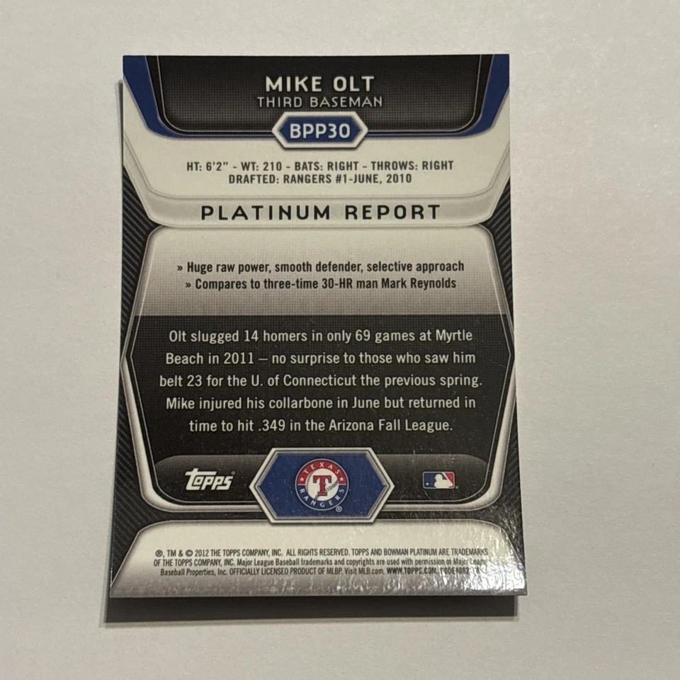 Mike Olt 2012 Bowman Platinum Prospects Chrome Blue Refractor /199 Rangers  - Image 2 of 2