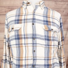 George Flannel Shirt Mens XL Blue Tan White Plaid Button Up Long Sleeve -O2