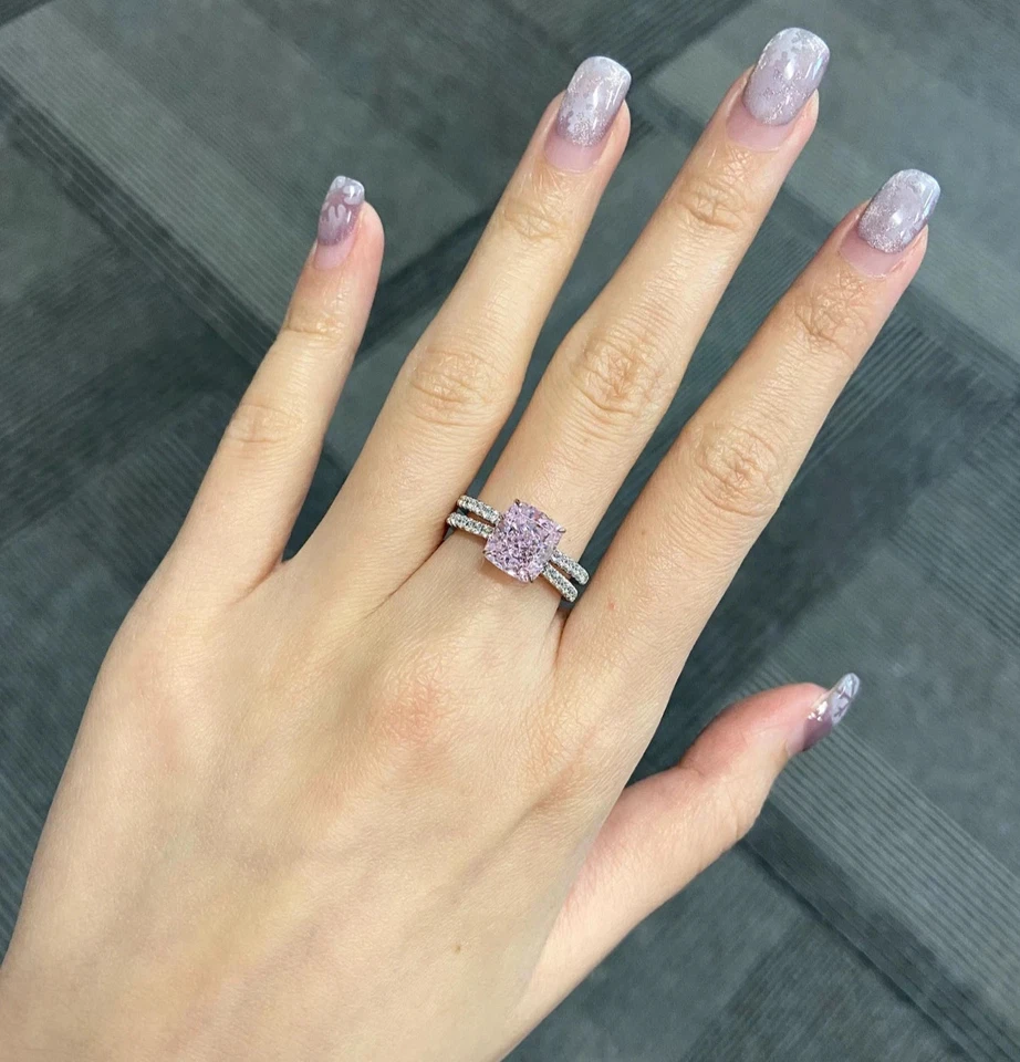 3.80 Ct Cushion Cut Real Pink Sapphire & Diamond 14K Solid White Gold Size 7 - Image 3 of 4