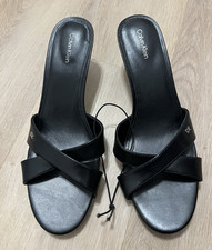 Calvin Klein Women's Black Slip-On Strappy Block Heel Sandals Logo Size 11