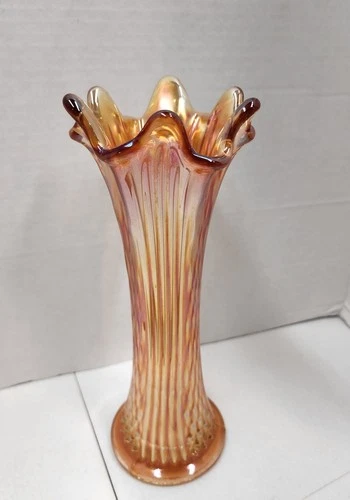 VTG Fenton Diamond Point Columns Marigold Iridescent Carnival Glass Vase 9.5"