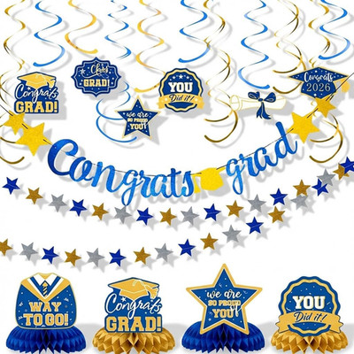 Graduation Party Decorations 2026, Blue and Gold Glitter Congrats Grad Pre-Strun