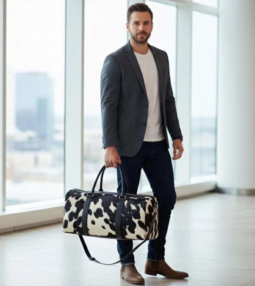 Cowhide Leather Duffel Bag | Cow hide Hair On Black  Weekender bag Travel Bag - Image 3 of 3