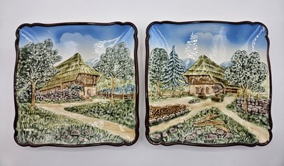 Vintage Cico Majolica Square Decorative Plates (2) West Germany Thatched Chalet