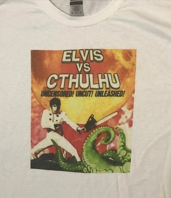 Elvis vs Cthulhu vintage horror punk goth retro white Size XL unisex T-shirt