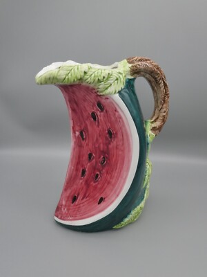 3D Watermelon Shaped Pitcher Vase Fruit Slice Pink Green Art Pottery Italy 10''