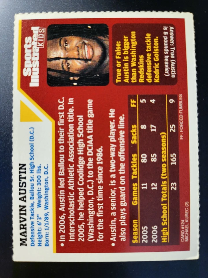 2007 SI Sports Illustrated for Kids Marvin Austin RC Card #124 - Image 2 of 2