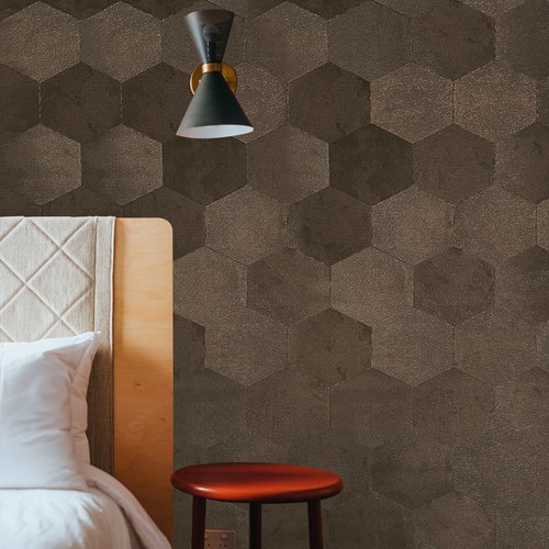 Geometric Hexagon bronze brown metallic wallpaper faux cow hide skin textured 3D - Picture 1 of 16