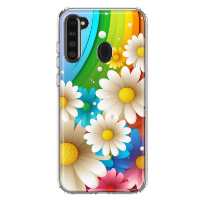 For Samsung Galaxy A21 Shockproof Hybrid Case, Blue Pink Rainbow Daisies
