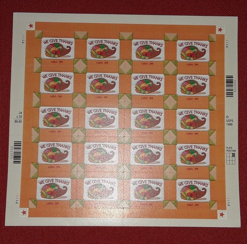 TWO (2) Panes x 20 = 40 of WE GIVE THANKS 34¢ US Postage Stamps. USA Sc # 3546 - Picture 2 of 6