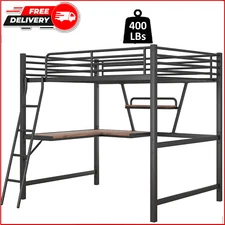 Full Size Loft Bed with Wood Desk and Shelf Heavy Duty Metal Bed Frame Kids Teen