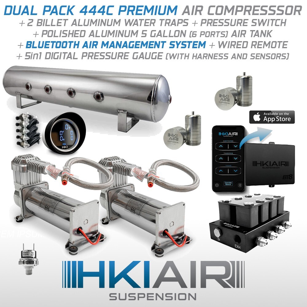 Kit 2 HKI Air Compressors + 2 Filters + Bluetooth + Aluminum Air Tank