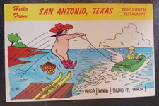 1957 postcard San Antonio Continental Restaurant WHOA cowboy waterski humor