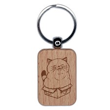 Chubby Happy Cat Sitting in Box Engraved Wood Rectangle Keychain Tag Charm