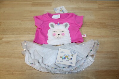 Build A Bear Workshop Clothes Pink Rainbow Llamacorn Shirt & Silver Sparkle Tutu
