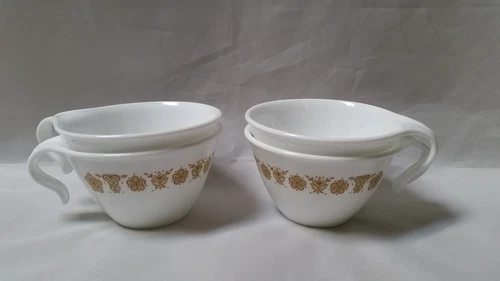 Vintage 70's Corningware Corelle Coffee Cups Butterfly Gold Set of 4 Hook Handle