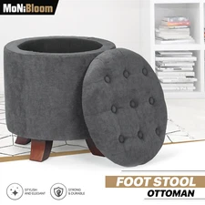 17" Dark Gray Lift Top Storage Ottoman Round Modern Tufted Footstool Wooden Legs