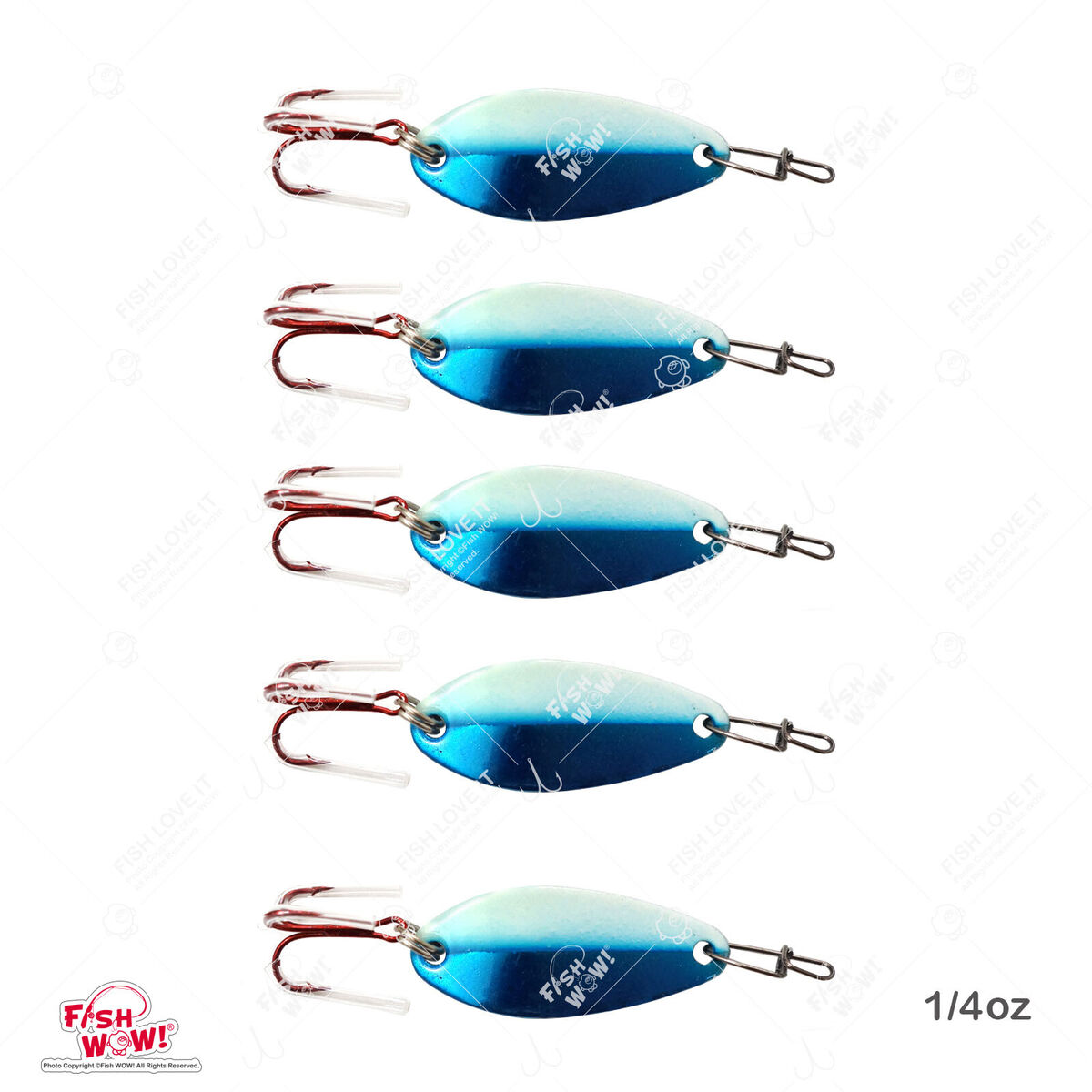 5pcs 1/4oz Fish WOW! Fishing Spoon w/ a Treble Red Hook and Duo Lock Snap  Blue