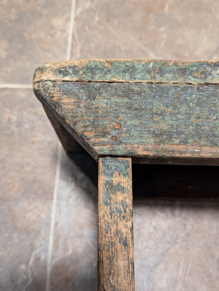 Antique Farmhouse Wood Stool Well Worn Blue Green Paint 2nd From Top Of