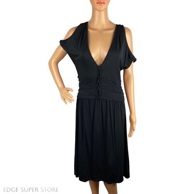 Max Studio Marion Black V Neck Cold Open Shoulder Sleeve Midi Dress Size  Large | eBay
