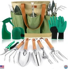 10 Pcs Heavy Duty Stainless Steel Garden Tool Set with Tote Bag & Wooden Handles