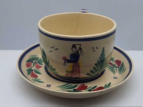 Quimper Cup And Saucer Large Faience Pottery  Breton Early 1900’s Woman # 217