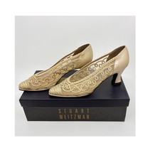 Vintage Stuart Weitzman Pumps 5.5 beige lace Scroll Train kitten heels 80s Saks