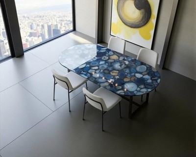 Blue Agate Center Table Oval Shape | Handmade Stone Coffee Table Furniture