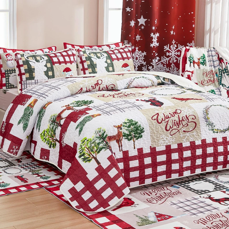 Christmas Quilt Set Queen Rustic Christmas Tree Snowman Holly Holiday Wreath ... - Image 3 of 4
