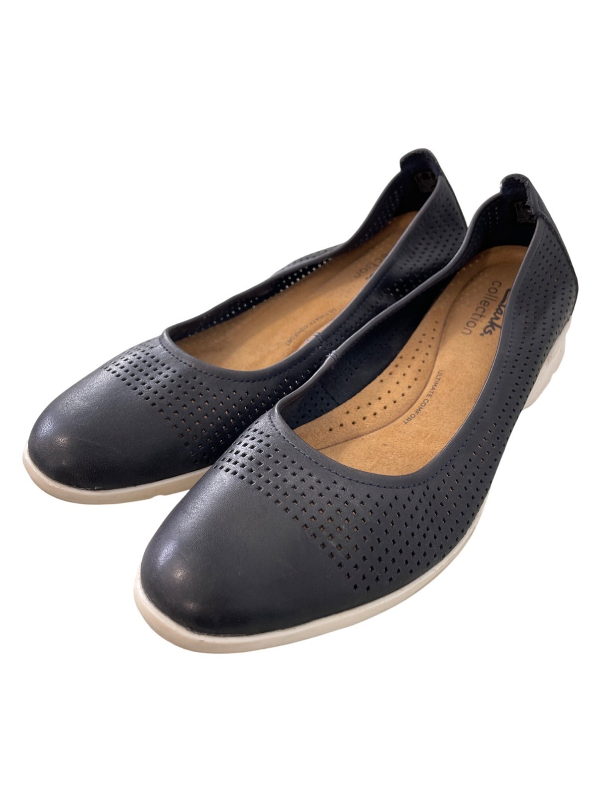 SAOLA Scarpe slip on traforate Clarks Jenette Ease taglia 8 suola comfort blu navy