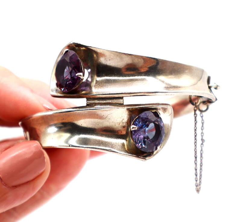 Modernist Taxco Bracelet Color Change Sapphire Sterling Silver Bypass Look SSB9