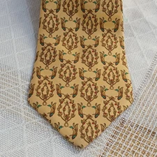 SALVATORE FERRAGAMO YELLOW ITALY 100% SILK MEN NECK TIE DUCKS DESIGN Vintage